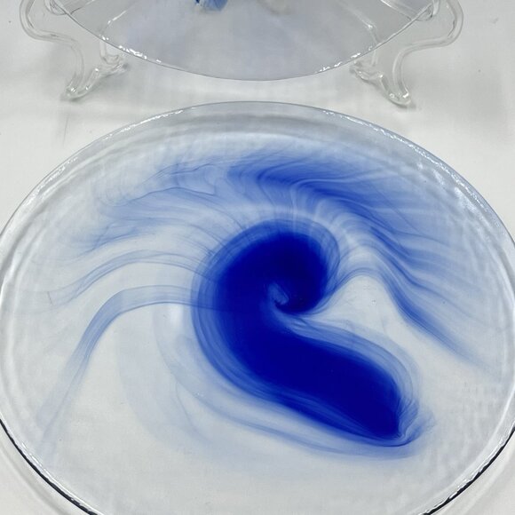 2 Bormioli Rocco Murano Cobalt Blue Swirl Clear Glass Dinner Plates 11” Vintage - Picture 4 of 6